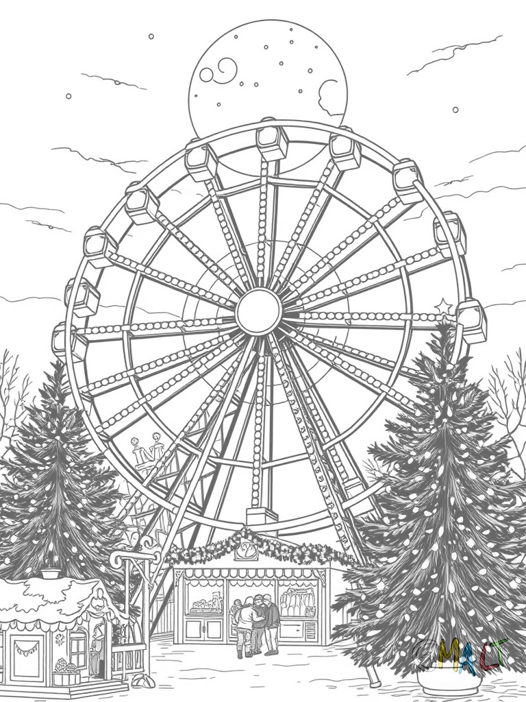 Ein Riesenrad leuchtet mit vielen kleinen Lichtern gegen den Abendhimmel. In den Gondeln sitzen Menschen. Unten stehen zwei Tannenbäume mit Lichterketten.