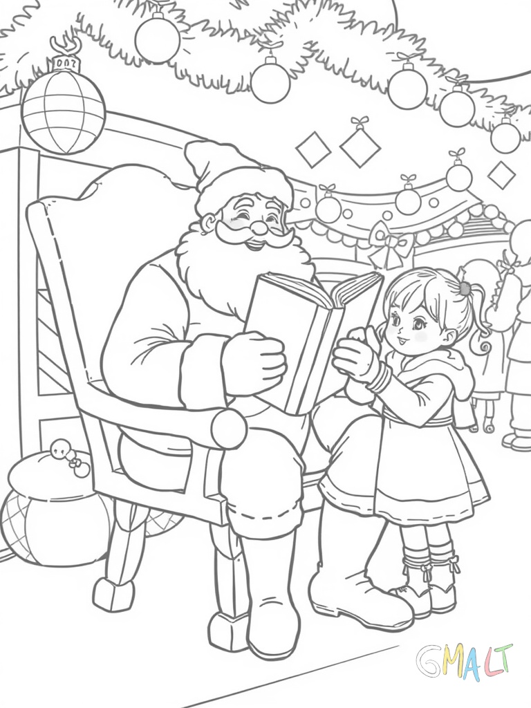 Ein lächelnder Weihnachtsmann sitzt auf einem geschnitzten Holzstuhl vor einer Weihnachtsmarktbude. Auf seinen Knien liegt ein großes Buch. Ein kleines Mädchen mit Zöpfen steht neben ihm und zeigt auf das Buch.