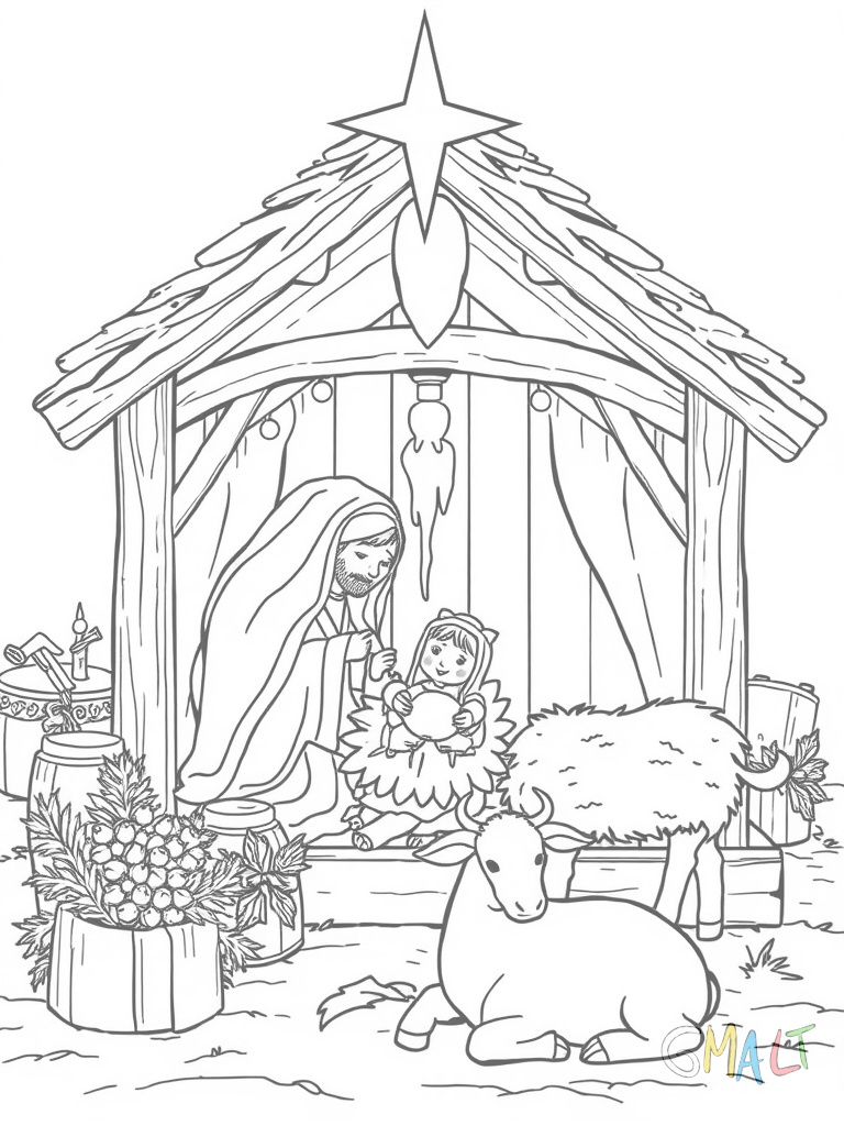 Eine Krippe aus Holz zeigt Maria Josef und das Jesuskind in der Krippe. Über dem Stall leuchtet der Stern von Bethlehem. Ochs und Esel stehen daneben. Ein Schaf liegt im Vordergrund.