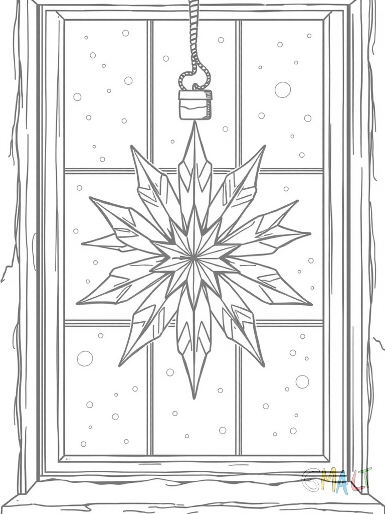 Ein großer Weihnachtsstern aus Papier hängt an einem Fenster. Der Stern hat acht spitze Zacken und ist mit einer Schleife am oberen Ende befestigt. Durch das Fenster sieht man Schneeflocken fallen.