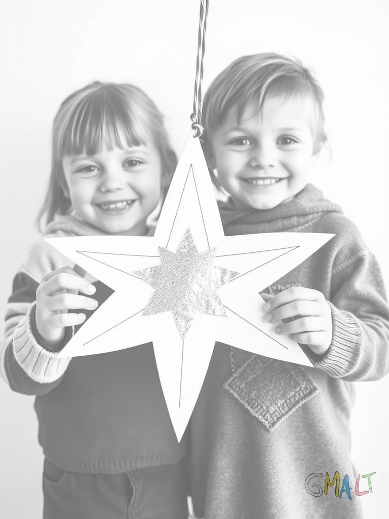 Zwei Kinder halten einen selbstgebastelten Weihnachtsstern aus Tonpapier. Der Stern ist mit Goldfolie beklebt und hat fünf Zacken. Die Kinder lächeln stolz in die Kamera.
