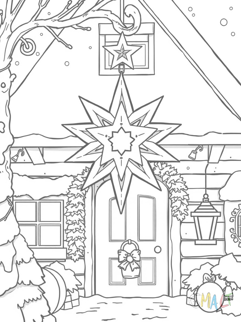 Ein Weihnachtsstern aus Metall hängt an einer Laterne vor einem verschneiten Haus. Der Stern wirft einen Schatten an die Hauswand. Die Laterne ist mit einer Kerze bestückt.