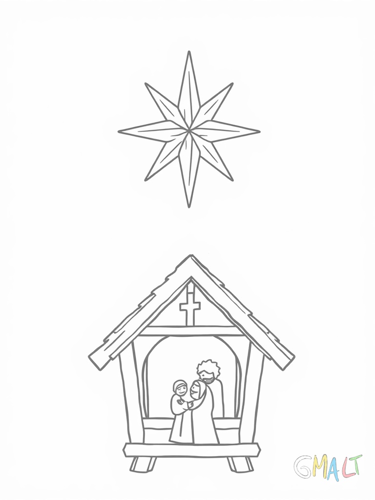 Ein strahlender Weihnachtsstern schwebt über einer kleinen Krippe. Die Krippe besteht aus einem einfachen Holzdach auf Stützen mit der Heiligen Familie darunter. Der Stern hat fünf lange Zacken mit kleinen Strahlen dazwischen.