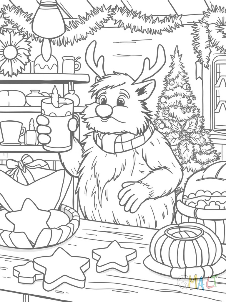 Ein Wichtel steht in der Weihnachtsbäckerei und wiegt Mehl ab. Auf dem Tisch liegen Plätzchenformen und ein Nudelholz.