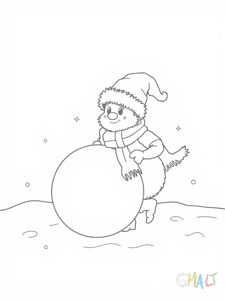 Ein Wichtel rollt einen riesigen Schneeball der fast doppelt so groß ist wie er selbst. Er trägt dabei Fäustlinge und einen langen Schal.
