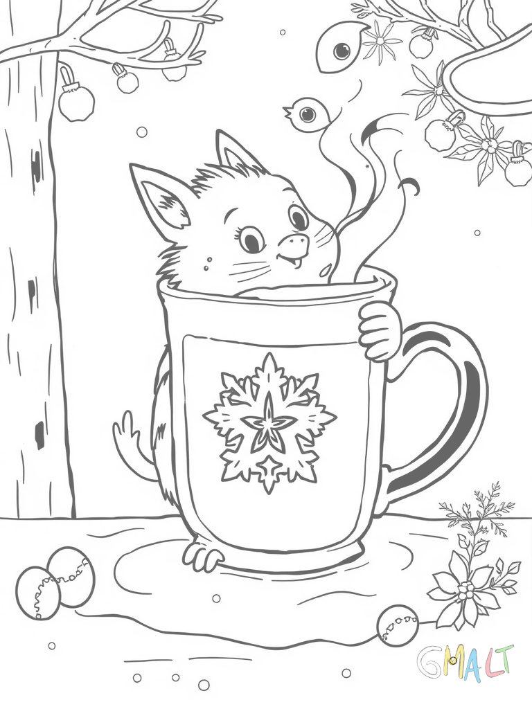 Ein Wichtel trinkt aus einer großen Tasse heißen Kakao. Auf der Tasse ist ein Weihnachtsmotiv zu sehen und Dampf steigt auf.
