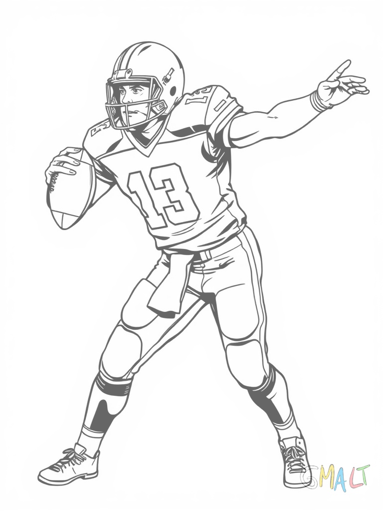 Ein Football-Quarterback steht aufrecht in Wurfposition. Sein rechter Arm ist nach hinten gezogen und hält den Ball. Er trägt Helm Schulterschutz und Trikot. Seine Beine sind leicht gespreizt für eine stabile Position.