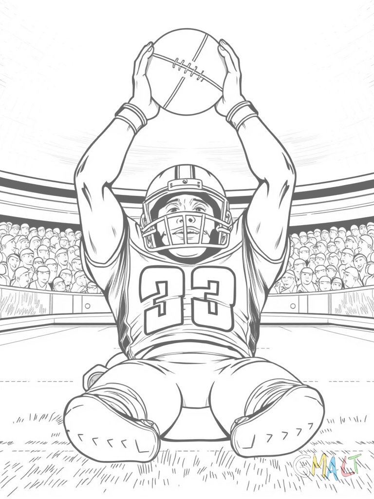 Ein Football-Spieler liegt auf dem Rasen und hält triumphierend den Ball über seinem Kopf in beiden Händen. Er hat gerade einen Touchdown erzielt. Er trägt Helm und Ausrüstung.