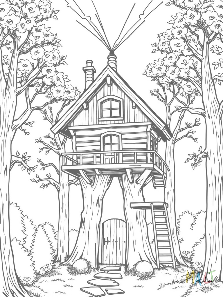 Ein Baumhaus auf Stelzen zwischen vier Bäumen. Mit Falltür im Boden und ausfahrbarer Leiter. Ein Fernrohr ragt aus der Dachspitze. Kleine Laternen beleuchten den Weg nach oben.
