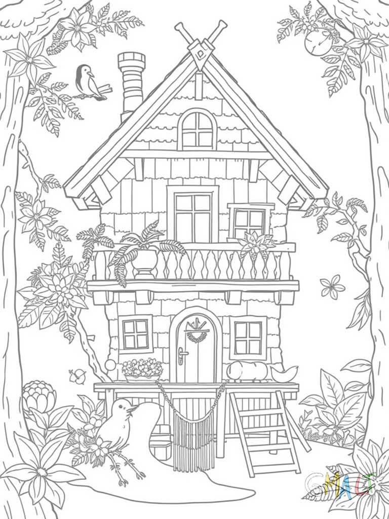 Ein Baumhaus im Dschungel-Stil mit Strohdach und Bambusgeländer. Lianen ranken sich um die Plattform. Ein Papagei sitzt auf einer Stange. Eine Hängematte schaukelt zwischen zwei Ästen.