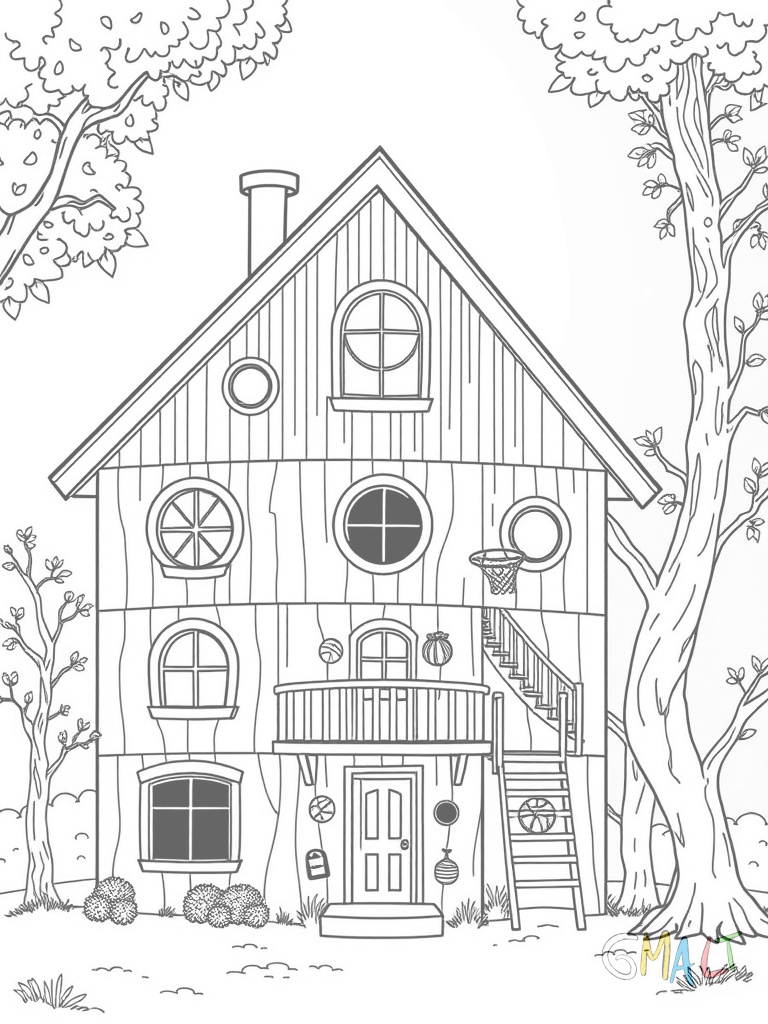 Ein mehrstöckiges Baumhaus mit verschiedenen geometrischen Formen. Runde und eckige Fenster schmücken die Wände. Eine Wendeltreppe windet sich um den Baumstamm nach oben. Ein Basketballkorb hängt an einer Wand.
