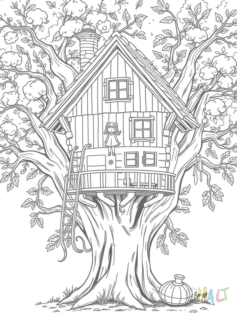Ein großes Baumhaus mit zwei Etagen in einer alten Eiche. Eine Strickleiter führt nach oben. Auf der ersten Plattform steht ein kleines Mädchen und winkt. Auf dem Dach weht eine selbstgemalte Fahne. Unter dem Baum liegt ein Picknickkorb.