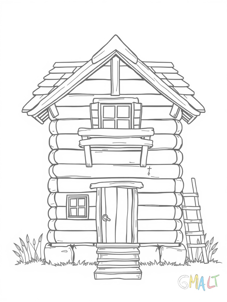 Ein einfaches Baumhaus mit quadratischem Grundriss und Satteldach. Eine Rutsche führt von der Plattform nach unten. Vor dem Eingang baumelt eine Schaukel. An der Wand lehnt eine Holzleiter.