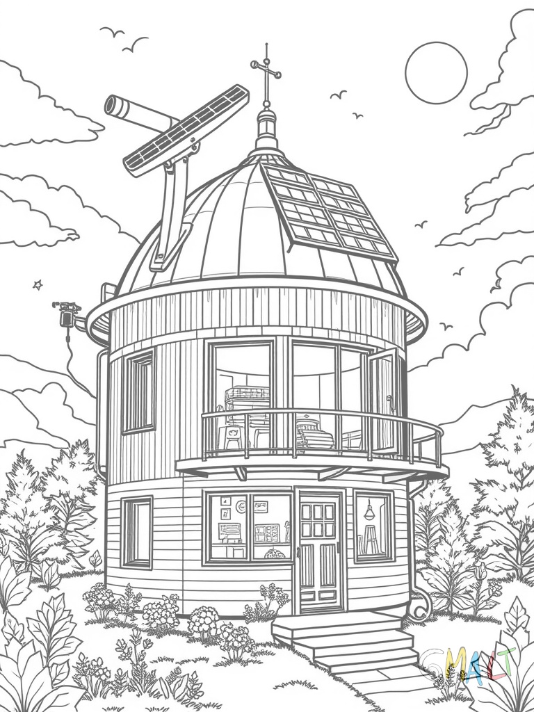 Ein wissenschaftliches Baumhaus-Observatorium mit Teleskop-Kuppel. Solarzellen auf dem Dach und einer Wetterfahne. Eine Roboter-Hebevorrichtung transportiert Werkzeuge nach oben. Ein kleines Labor ist durch die Fenster zu sehen.