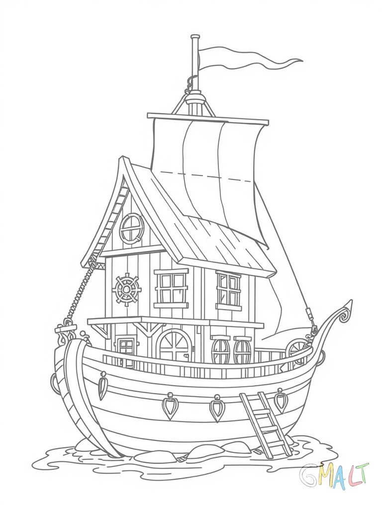 Ein Piraten-Baumhaus in Form eines Schiffes. Mit Steuerrad auf dem Ausguck und einem Stoffsegel am Mast. Eine Strickleiter führt zum Krähennest. An der Seite hängt ein Anker aus Holz.