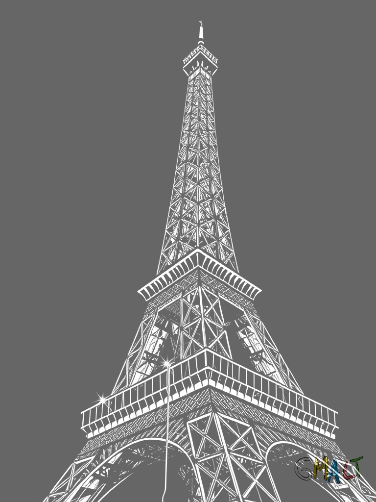 Der Eiffelturm bei Nacht mit vielen leuchtenden Laternen an seiner Konstruktion. Am Fuß des Turms stehen zwei beleuchtete Karussells.