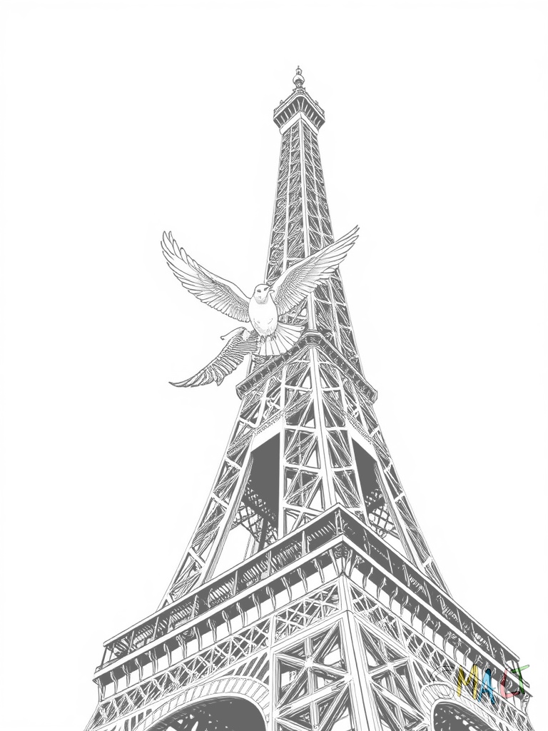Der Eiffelturm von schräg unten fotografiert sodass seine Stahlstreben ein interessantes Muster bilden. Ein Vogel fliegt durch das Bild.