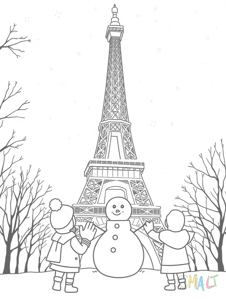 Der Eiffelturm im Winter mit Schnee auf seinen Plattformen. Unten bauen Kinder einen Schneemann.