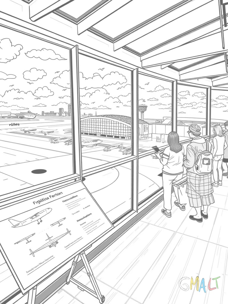 Ein Aussichtsdeck mit großer Terrasse. Besucher schauen durch Ferngläser auf das Flughafengelände. Eine Informationstafel zeigt Flugzeugtypen.