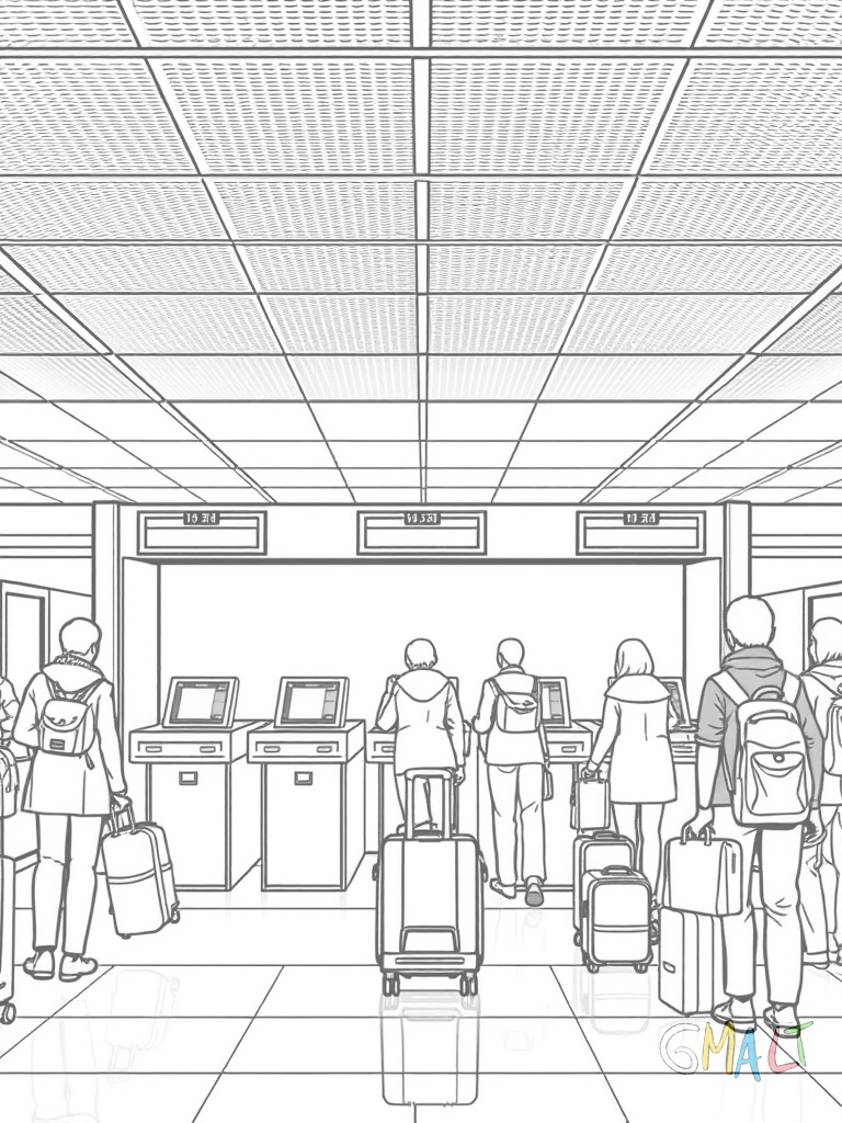 Die Check-in-Schalter in einer Reihe mit fünf Stationen. Über jedem Schalter leuchtet eine Anzeigetafel. Passagiere stehen mit Koffern in Schlangen.