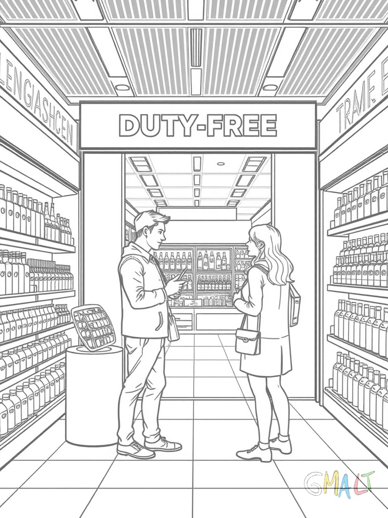 Der Duty-Free-Shop mit großem Eingangsbereich. In den Regalen stehen Parfümflaschen und Spirituosen. Ein Verkäufer berät zwei Kundinnen an der Theke.