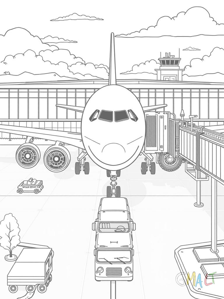 Ein Flugzeug parkt am Gate. Die Fluggastbrücke ist ausgefahren und verbindet das Terminal mit dem Flugzeug. Gepäckwagen fahren zum Frachtraum.