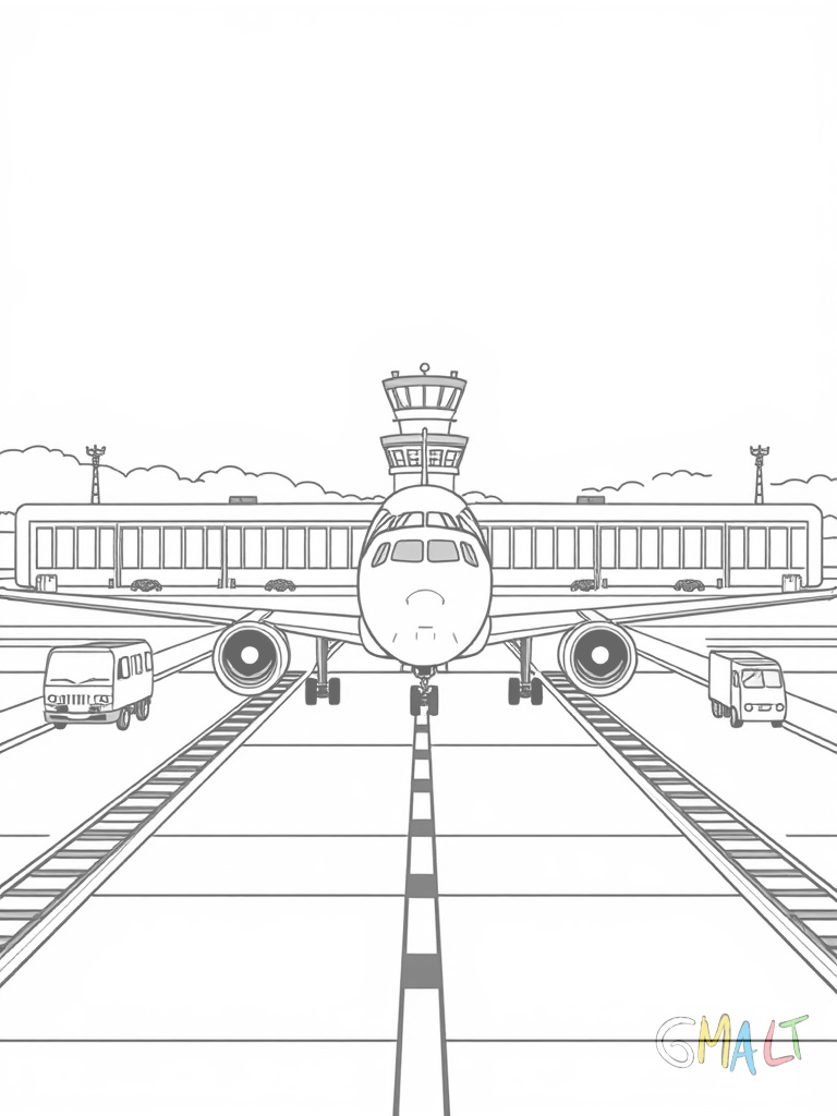 Die Start- und Landebahn eines Flughafens mit einem startenden Passagierflugzeug. Am Rand stehen zwei Fluglotsenfahrzeuge und Landebahnbeleuchtung.
