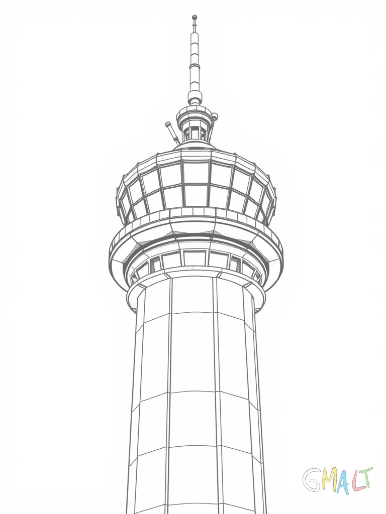 Der Tower des Flughafens ragt hoch in den Himmel. Die gläserne Kanzel oben ist achteckig mit großen Fenstern. Zwei Antennen sind auf dem Dach montiert.