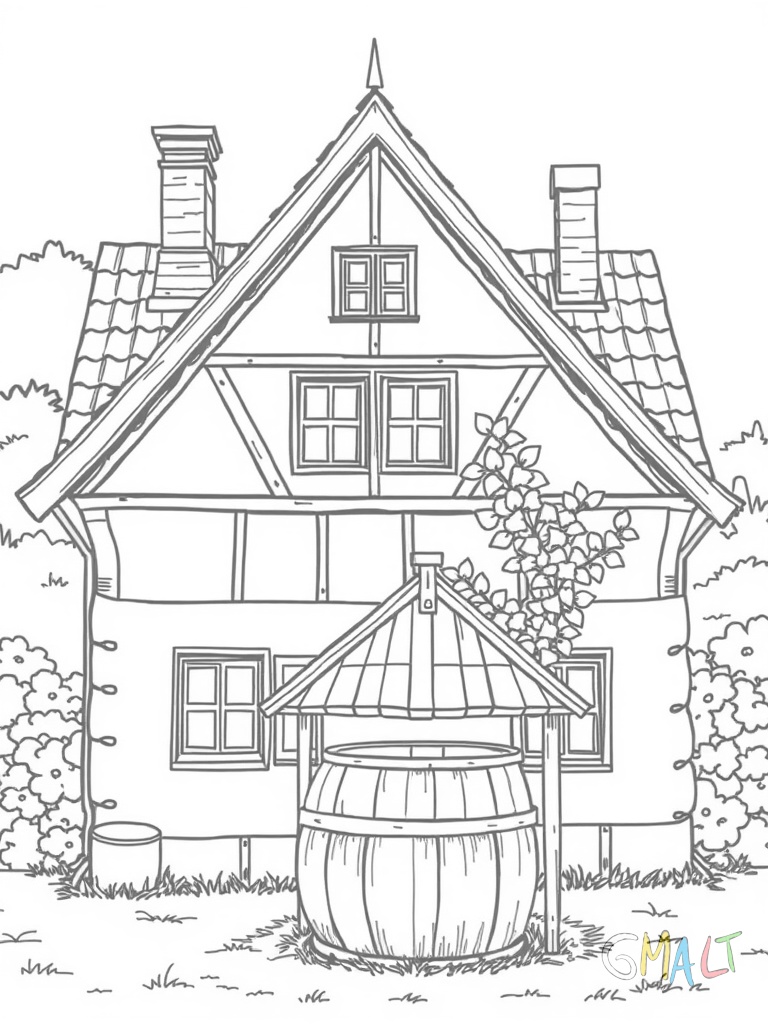 Ein Bauernhaus mit breitem Giebeldach und zwei Schornsteinen. An der Hauswand rankt sich eine Pflanze empor. Vor dem Haus steht ein alter Brunnen mit Holzdach.