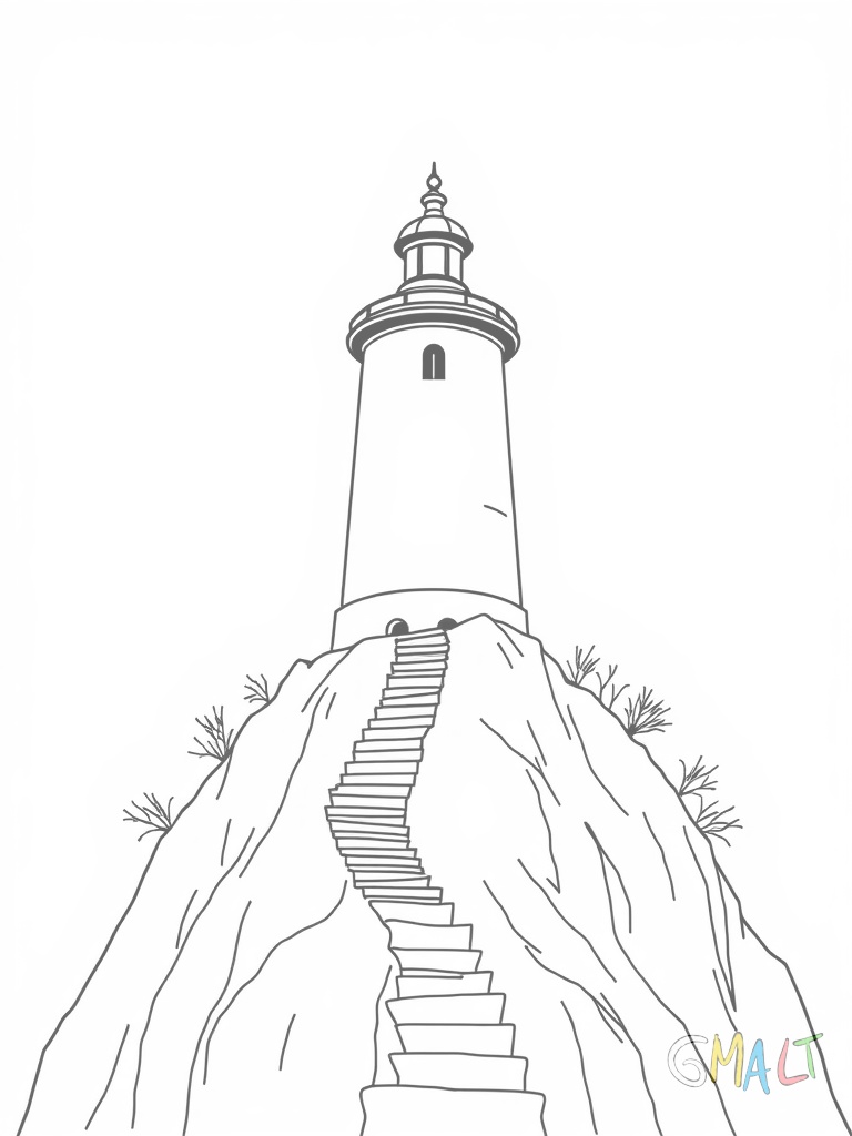 Ein Leuchtturm auf einem Felsenvorsprung. Die rot-weiß gestreifte Turmspitze trägt eine Lampe. Eine Wendeltreppe führt nach oben.