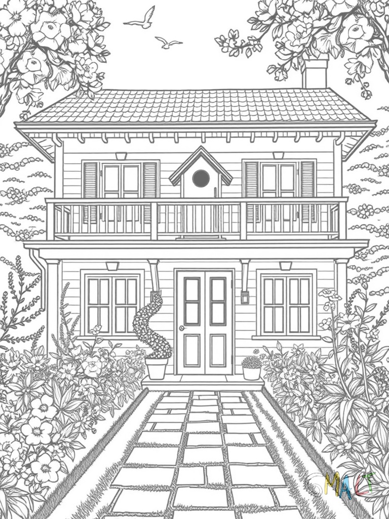 Ein Landhaus mit Veranda und Schaukelstuhl. Im Garten steht ein Vogelhaus auf einer Stange. Blumenbeete säumen den gewundenen Weg zur Haustür. Ein Briefkasten steht am Gartentor.