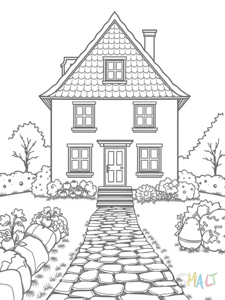 Ein zweistöckiges Haus mit spitzem Dach und vier quadratischen Fenstern. Eine kleine Holztreppe führt zur Eingangstür. Ein geschwungener Weg aus Steinplatten führt durch den Vorgarten.