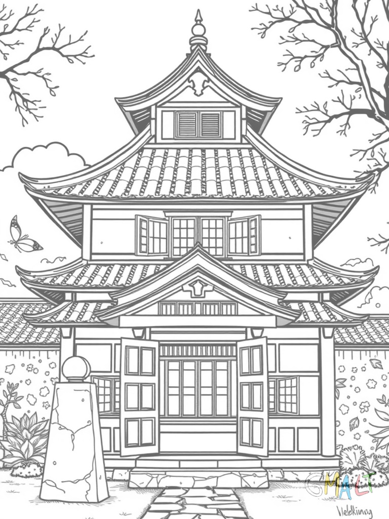 Ein traditionelles japanisches Haus mit geschwungenem Pagodendach. Schiebetüren öffnen sich zum Garten. Eine Steinlaterne steht davor.