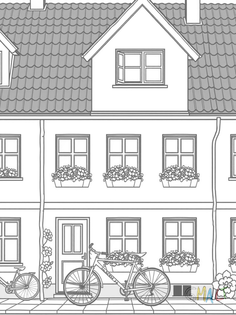 Ein Reihenhaus mit rotem Ziegeldach und weißer Fassade. Jedes Fenster hat einen kleinen Blumenkasten. Ein Fahrrad lehnt an der Hauswand.