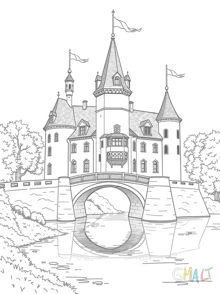 Ein Schloss mit drei Türmen und Zinnen. Eine Zugbrücke führt über einen Wassergraben. Kleine Fahnen wehen auf den Turmspitzen.