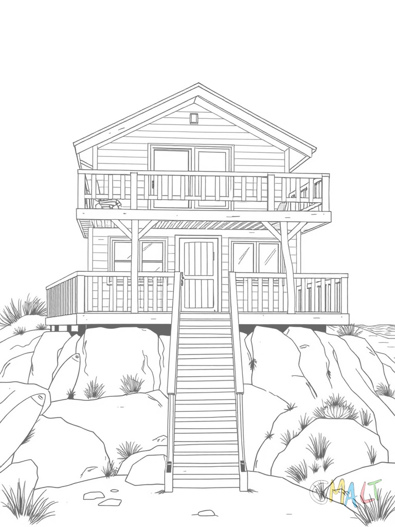 Ein Strandhaus auf Stelzen mit überdachter Veranda. Eine Holztreppe führt zur Eingangstür. Unter dem Haus ist Platz zum Abstellen von Surfbrettern.