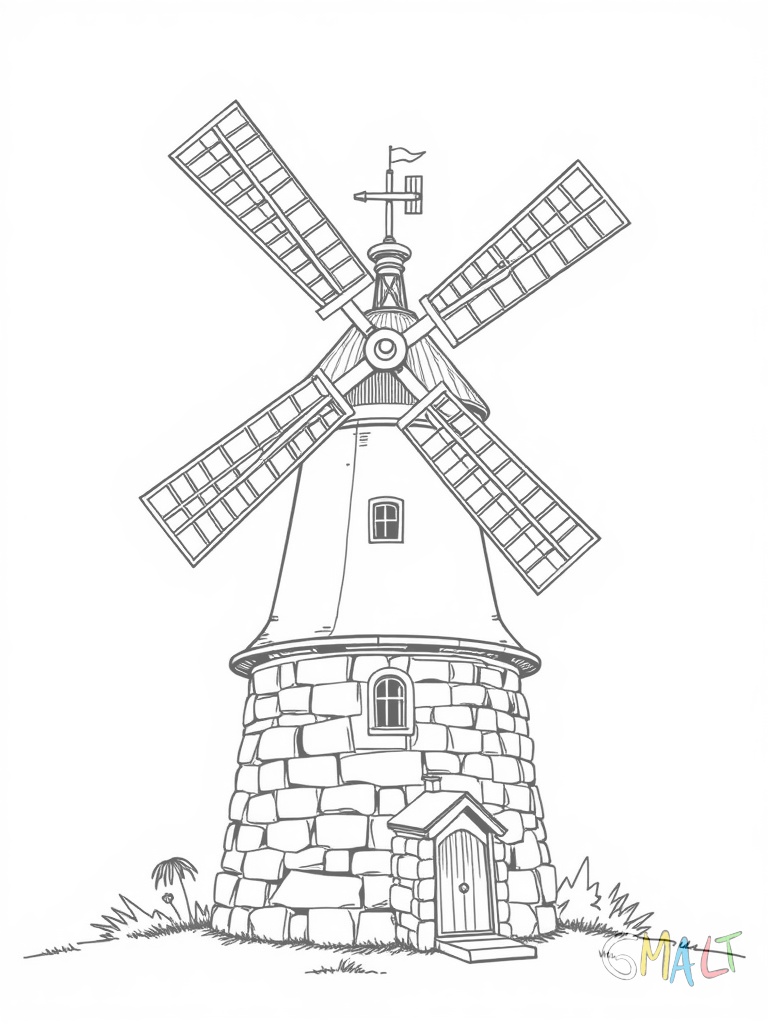 Eine Windmühle mit vier großen Flügeln. Die runde Steinbasis hat eine kleine Tür. Ein Wetterhahn sitzt auf der Spitze.