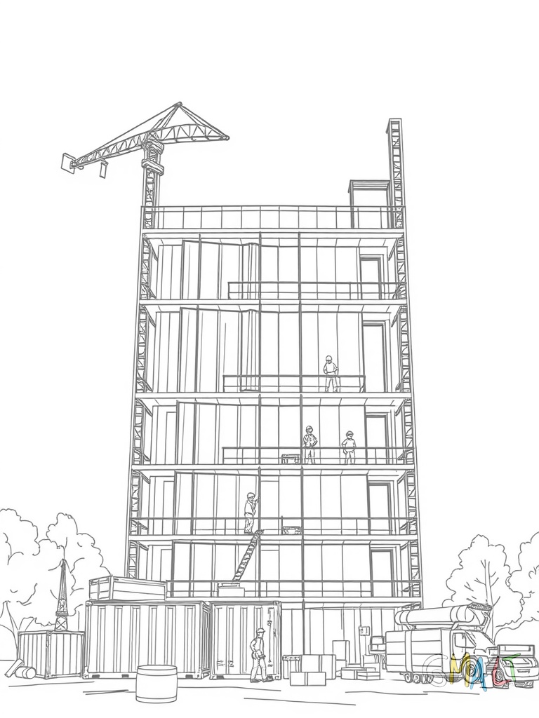 Ein Hochhaus im Bau wird von zwei großen Baukränen flankiert. Das Stahlgerüst ist bis zur Hälfte mit Glasscheiben verkleidet. Auf dem Boden stehen Baucontainer und Baumaterial. Mehrere Bauarbeiter mit Helmen arbeiten auf verschiedenen Etagen.