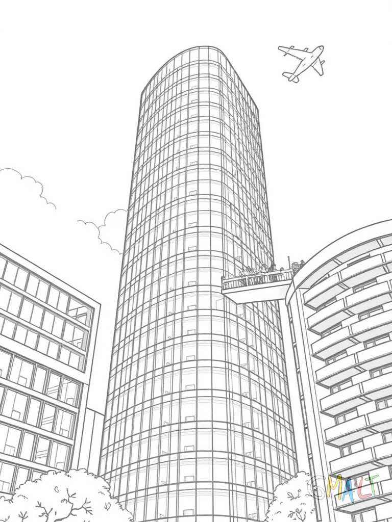 Ein sehr hohes Hochhaus mit geschwungener Glasfassade steht zwischen zwei niedrigeren Gebäuden. Auf dem Dach ist eine Aussichtsplattform mit Geländer zu sehen. Ein Hubschrauber fliegt am oberen Bildrand vorbei.