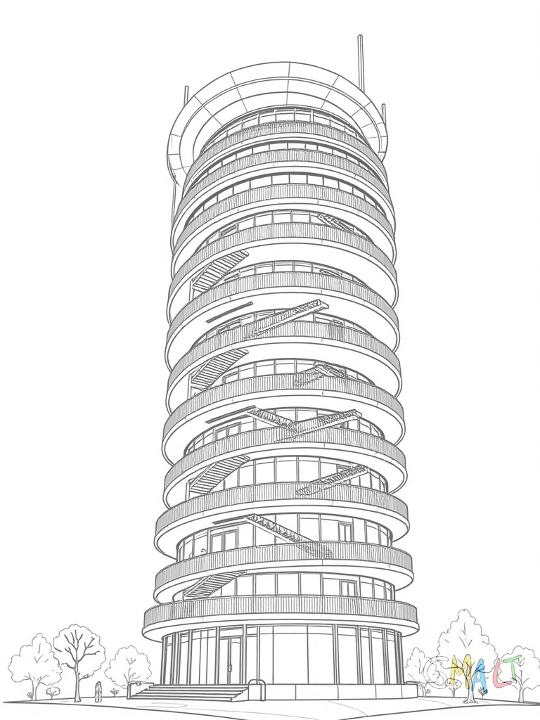Ein futuristisches Hochhaus mit spiralförmiger Form dreht sich nach oben. An der Außenfassade verlaufen Rolltreppen zwischen den einzelnen Etagen. Auf halber Höhe befindet sich ein rundes Stockwerk mit Restaurant.