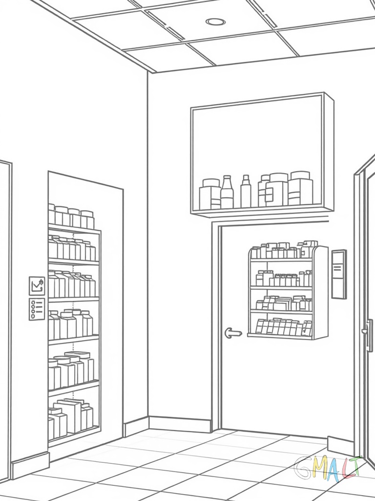 Der Eingangsbereich einer Krankenhausapotheke. Ein Verkaufstresen mit Glasvitrine ist zu sehen. An der Wand hängt ein Regal mit Medikamentenpackungen.