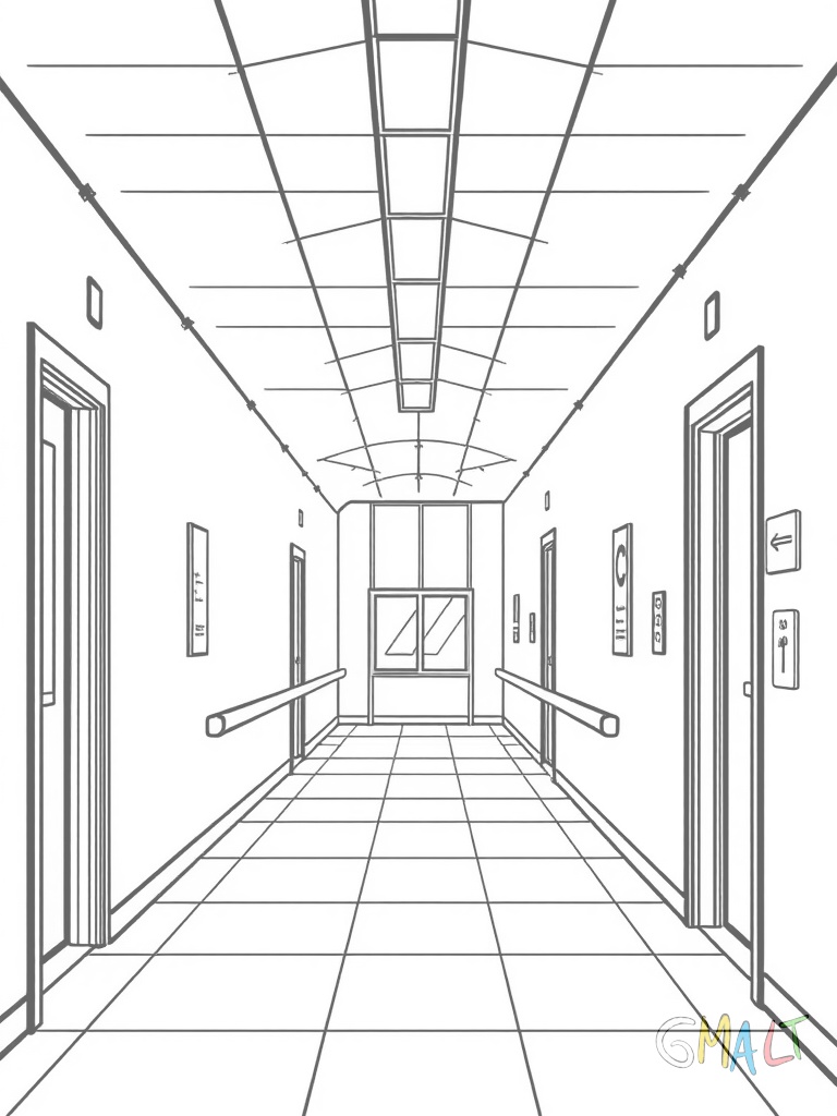 Ein langer Krankenhausflur mit Türen auf beiden Seiten. Am Ende des Flurs ist ein großes Fenster zu sehen. An der Wand sind Wegweiser zu verschiedenen Stationen angebracht.