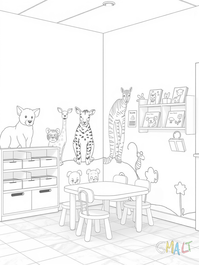 Die Kinderstation mit bunten Wandbildern von Tieren. Eine Spielecke mit kleinem Tisch und Stühlen ist zu sehen. An der Wand hängt ein Regal mit Kinderbüchern.