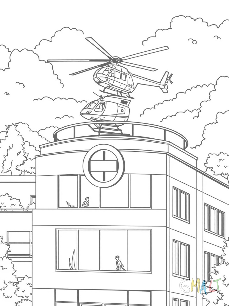 Der Hubschrauberlandeplatz auf dem Dach des Krankenhauses mit einem großen H in einem Kreis markiert. Ein Rettungshubschrauber schwebt gerade über der Landeplattform.