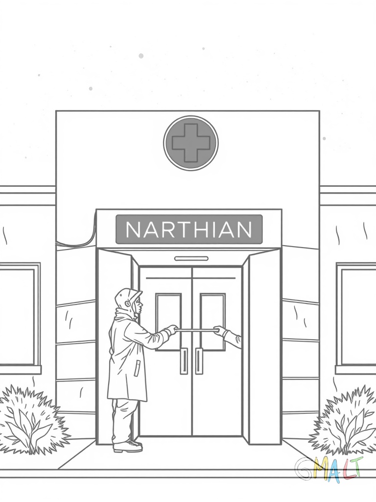 Die Notaufnahme des Krankenhauses bei Nacht. Über dem separaten Eingang leuchtet ein rotes Notaufnahme-Schild. Zwei Sanitäter schieben eine Trage durch die automatische Schiebetür.