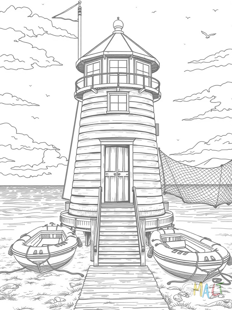 Ein Leuchtturm mit angebautem Lagerhaus steht direkt am Strand. Eine Holzrampe führt zum Eingang. Rettungsboote liegen daneben. Die Fensterläden sind geöffnet. Fischernetze hängen zum Trocknen.