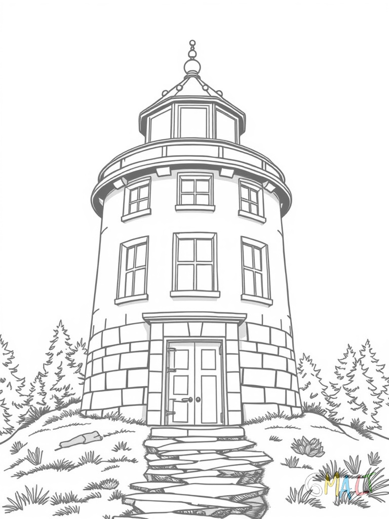 Ein gedrungener Leuchtturm auf felsiger Landzunge. Mehrere Fenster sind übereinander angeordnet. Eine massive Eingangstür mit Metallbeschlägen ist zu sehen. Oben thront die Laternenkuppel.