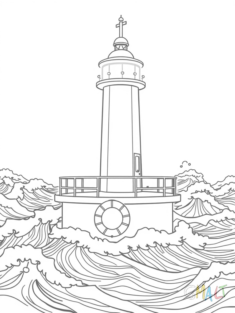 Ein schlanker Leuchtturm steht mitten im tosenden Meer auf einer Plattform. Große Wellen brechen sich an den Stützpfeilern. Eine Rettungsring hängt an der Außenwand. Die Fenster sind hell erleuchtet.