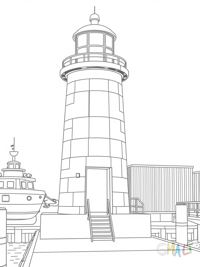 Ein moderner Leuchtturm aus Beton mit Glasfenstern steht am Hafeneingang. Davor liegt ein Anlegesteg mit kleinem Boot. Eine Leiter führt zur Wartungsluke. Antennen sind auf dem Dach montiert.