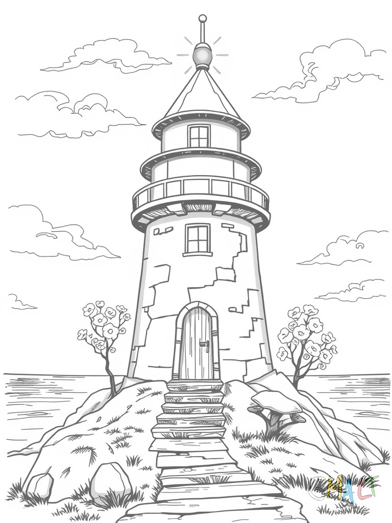 Ein rot-weiß gestreifter Leuchtturm ragt aus einer kleinen Insel empor. Ein schmaler Holzsteg führt zum Eingang. Kleine Büsche wachsen am Fuß des Turms. Die Laterne an der Spitze strahlt hell.